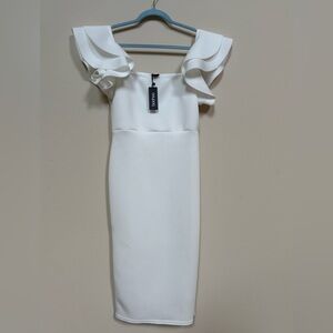 Boohoo Cream Off the Shoulder Flutter Sleeve Sheath Dress